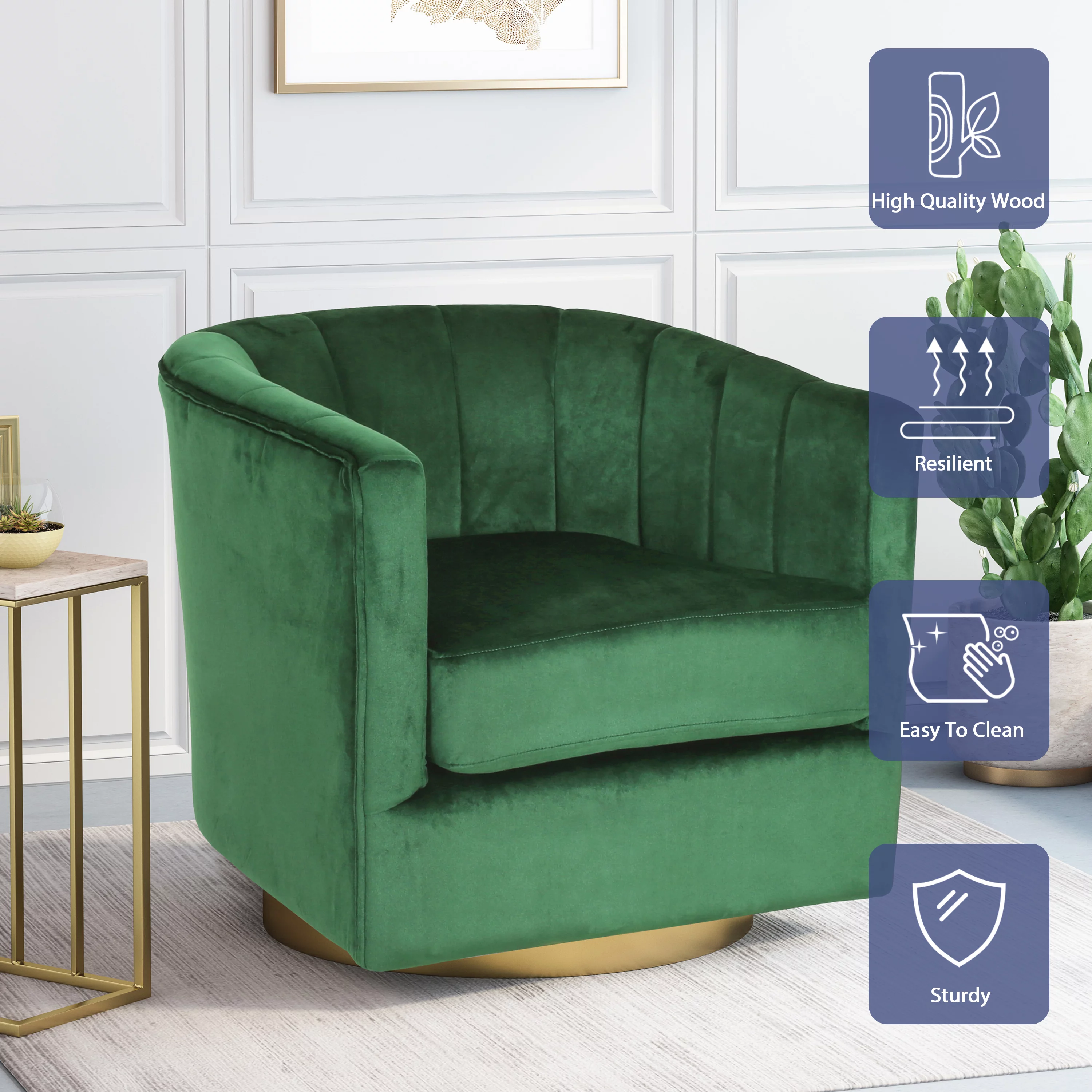 GDF Studio Blairmont Modern Glam Channel Stitch Velvet Swivel Club Chair, Emerald and Copper