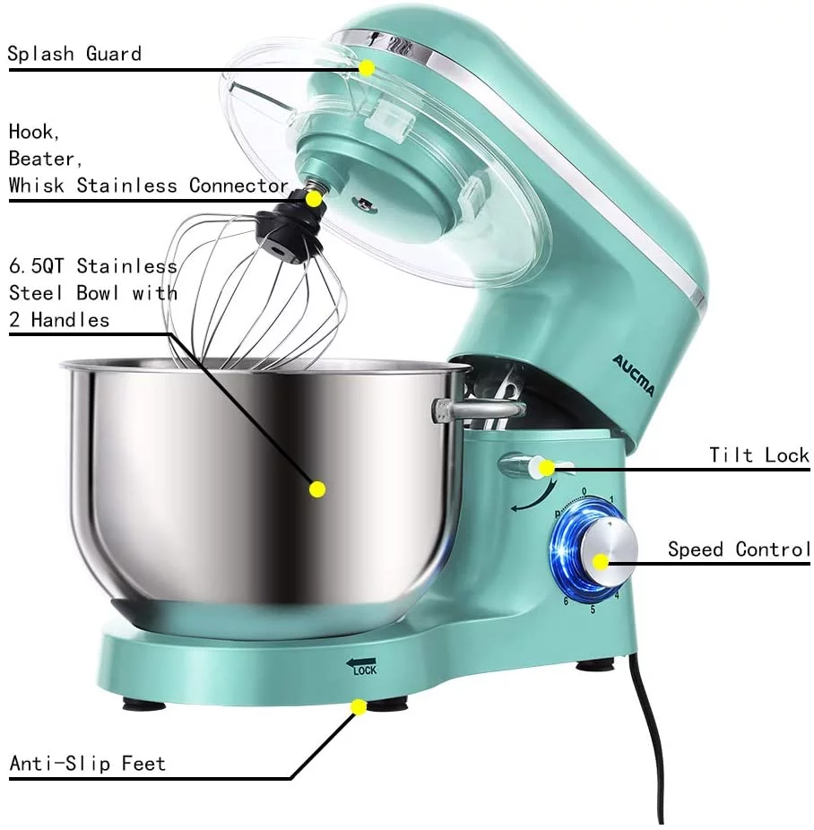 Aucma Stand Mixer,6.5-QT 660W 6-Speed Tilt-Head Food Mixer, Kitchen Electric Mixer with Dough Hook, Wire Whip & Beater (6.5QT, Blue)