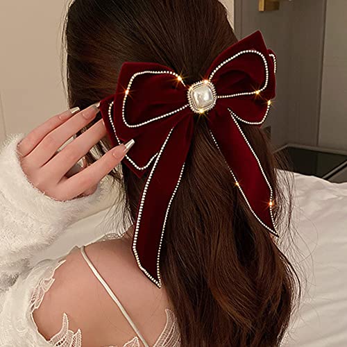Jumwrit Big Hair Bow Rhinestone Pearl Hair Barrette Clip Vintage Velvet Hair Bowknot with Long Tail Strong Hold Solid Color Hair Bow Clip Fashion Hair Accessories for Women Girls(Red)