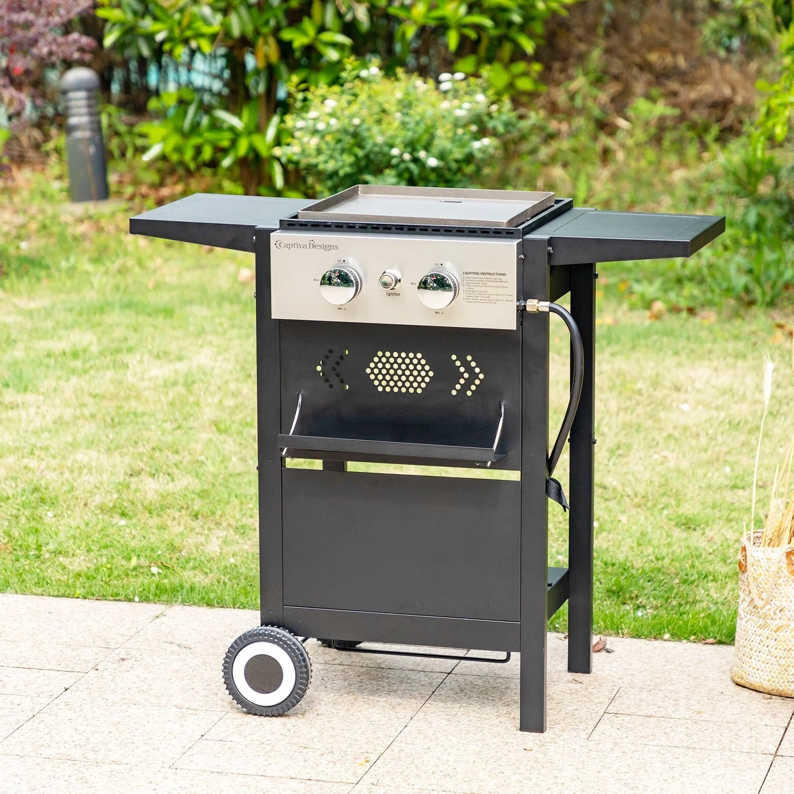 Kitchen Academy Griddle & Grid 2-In-1 Patio Gas Grill 20,000 BTU with 2 /3 Burners for 3-4 Persons Black