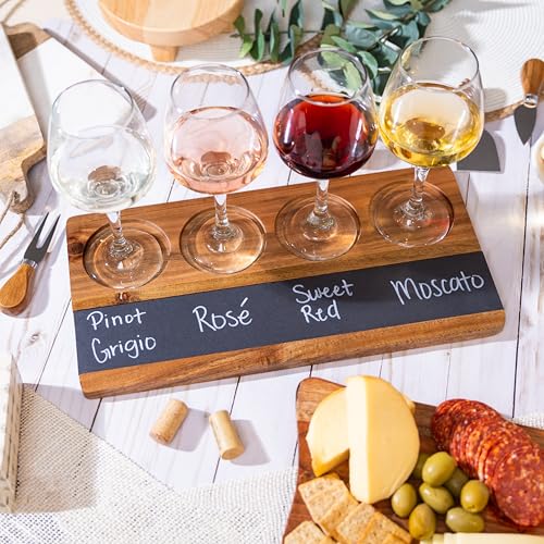 Wooden Flight Board Set – Wine, Beer, Whiskey, Mimosa, and Cocktail Tasting Tray – Acacia Wood Serving Board with Slate Chalkboard – Home Bar & Entertaining Gift (Set of 4, 16x8 inches)