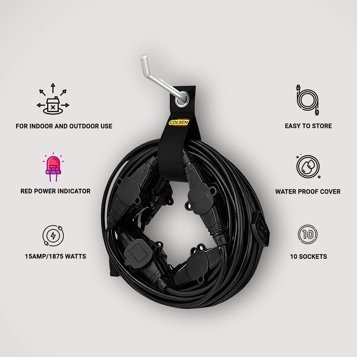 COLSEN 50FT Power Extension Cord 3 Prong, 11 Nema 5-15R Female Socket - Red LED Indicator, 14 Gauge SJTW Cable Male to Female Connector, Stage Backlines Power Board, UL Listed Multiple Plug Outlet