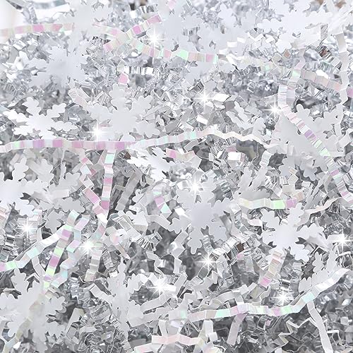 PAPER FAIR 1LB Metallic Red Green Christmas Crinkle Cut Paper Shred Filler w/Tree & Snowflake Confetti, Gift Wrap Packaging Raffia Tissue Strand, Craft Bedding Cushion, Winter Birthday Box Basket