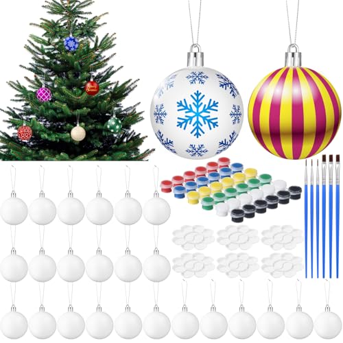 Sumind 24 Set Christmas Ball Ornament for Crafts Fillable DIY Kit with Paint Colors, Brushes & Mixing Tray 2.36 Inch Xmas Tree Decor for Holiday DIY Craft Family Art Projects Party Decoration (White)