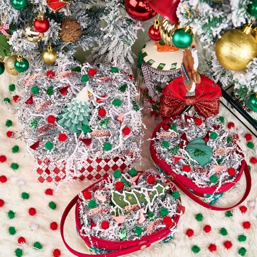 PAPER FAIR 1LB Metallic Red Green Christmas Crinkle Cut Paper Shred Filler w/Tree & Snowflake Confetti, Gift Wrap Packaging Raffia Tissue Strand, Craft Bedding Cushion, Winter Birthday Box Basket