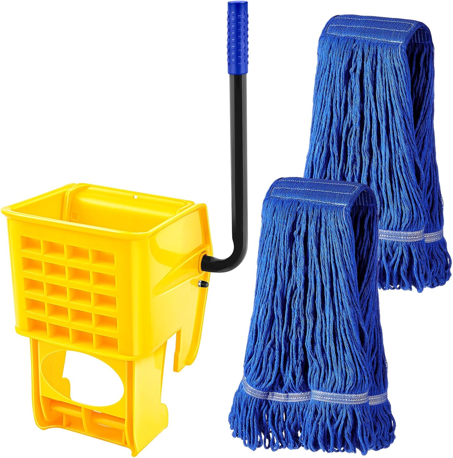 Side Press Wringer Replacement for Commercial Mop Bucket 26 and 33 Qt, with 2 Pcs Mop Head Replacement, Yellow Mop Wringer with Handle for Easy Use, Blue Mop Head Refill for Cleaning Floor