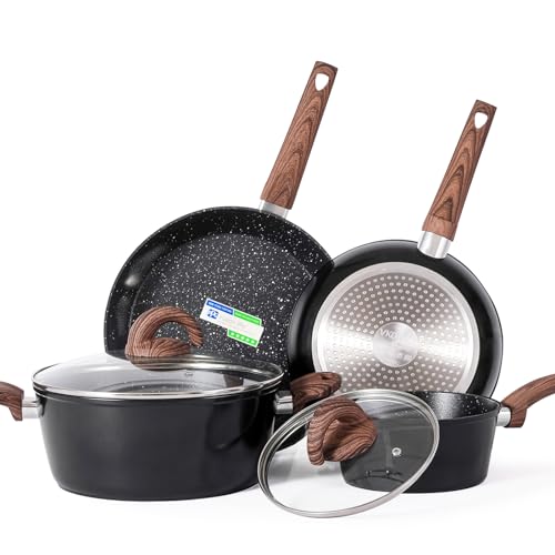 Pots and Pans Set Non Stick, Ceramic Cookware Set with Pattern, Induction Kitchen Cooking Sets w/Frying Pans, Saucepans, Casserole with Lids, Non-Toxic, PTFE/PFOA/PFOS-Free, Black