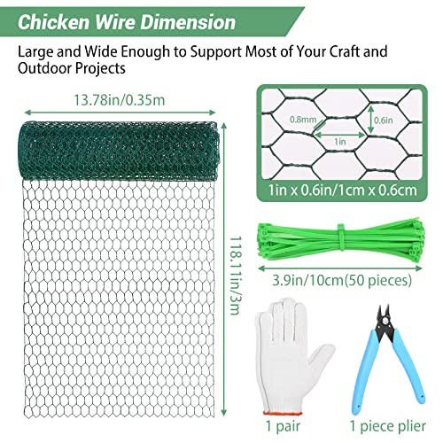 Chicken Wire Fence for Craft,13.78 x 236 Inch Lightweight Galvanized Hexagonal Chicken Wire Netting, Chicken Wire Mesh for Garden Poultry, Floral Chicken Wire Fencing with Gloves, Wire Ties and Plier