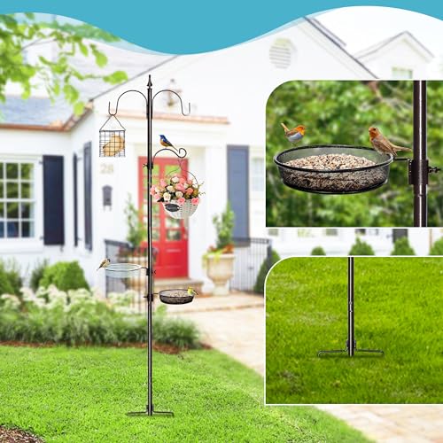 6-Hook Bird Feeding Station Kit, Wild Bird Feeder Stand Pole, Multi-Feeder Kit Stand with 4 Feeders, Bird Bath and Mesh Tray, 94 Inch
