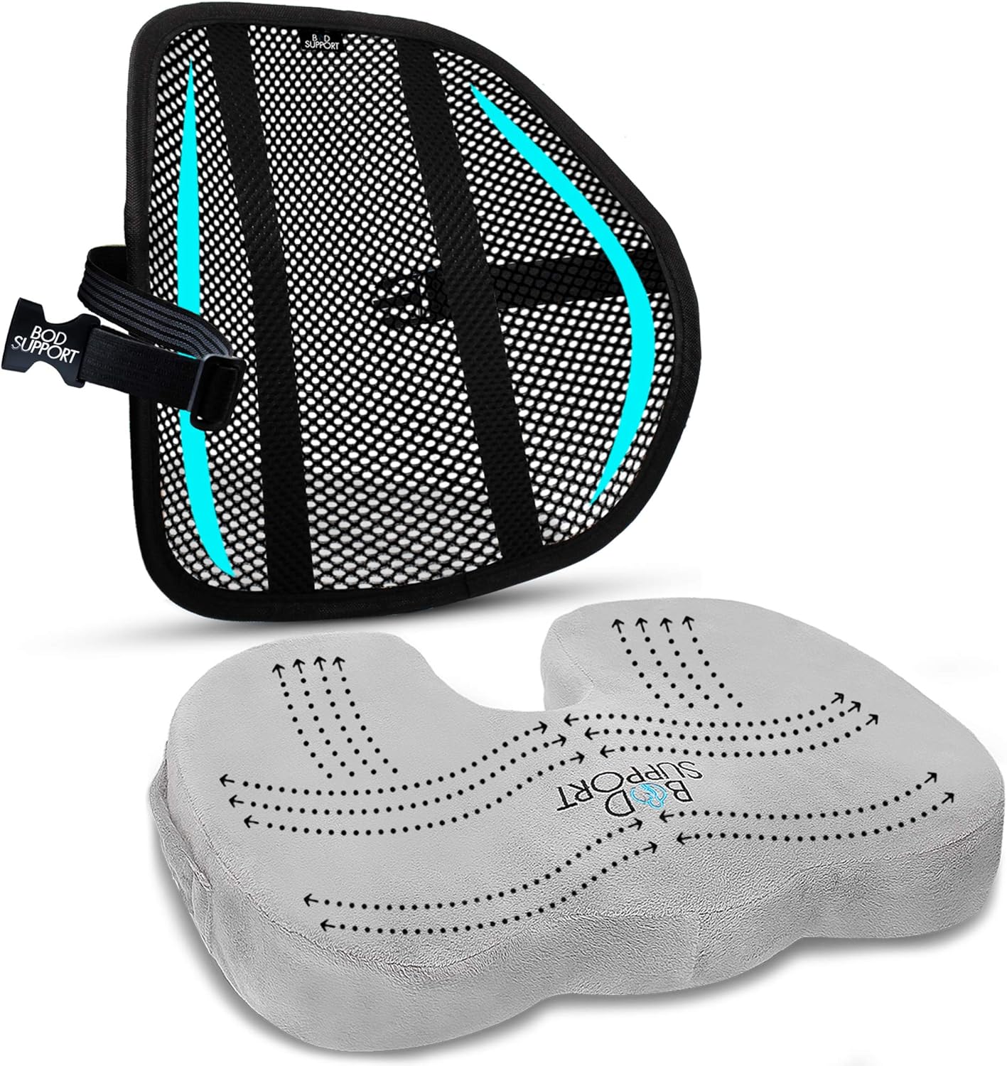 BOD Support Fully Adjustable Memory Foam Seat Cushion and Lumbar Support Ergonomically Designed for Back, Tailbone and Sciatica Pain Relief Perfect for Office Chair,car, Truck, Driver, Seniors