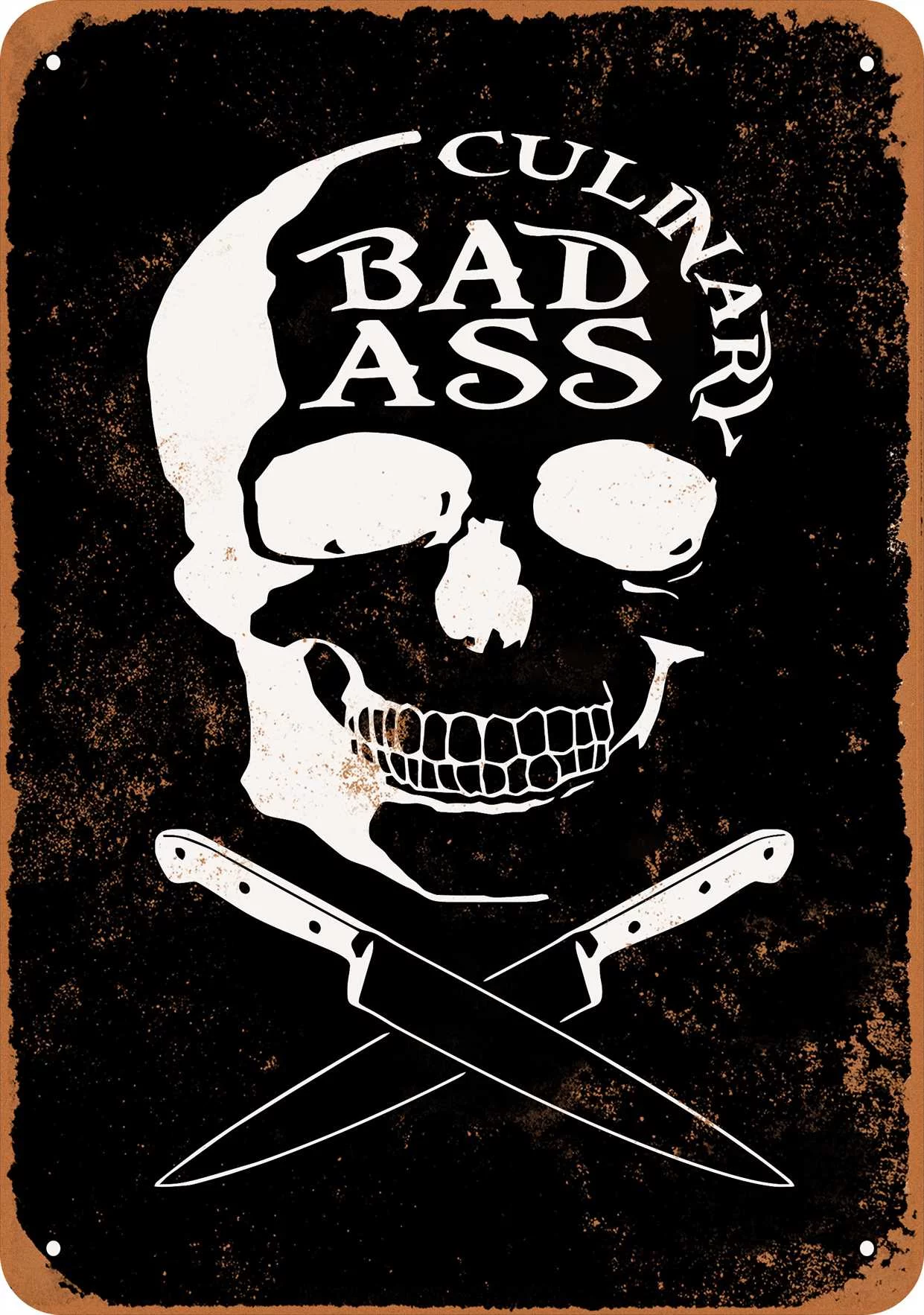 10 x 14 METAL SIGN - Culinary Badass Skull (BLACK BACKGROUND) - Vintage Rusty Look