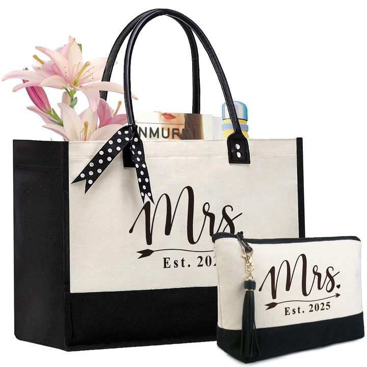 BeeGreen Mother's Day Gifts Personalized Women's Large White and Black Canvas Tote Bag, Embroidered Initials, Leather Handle, Zipper Closure