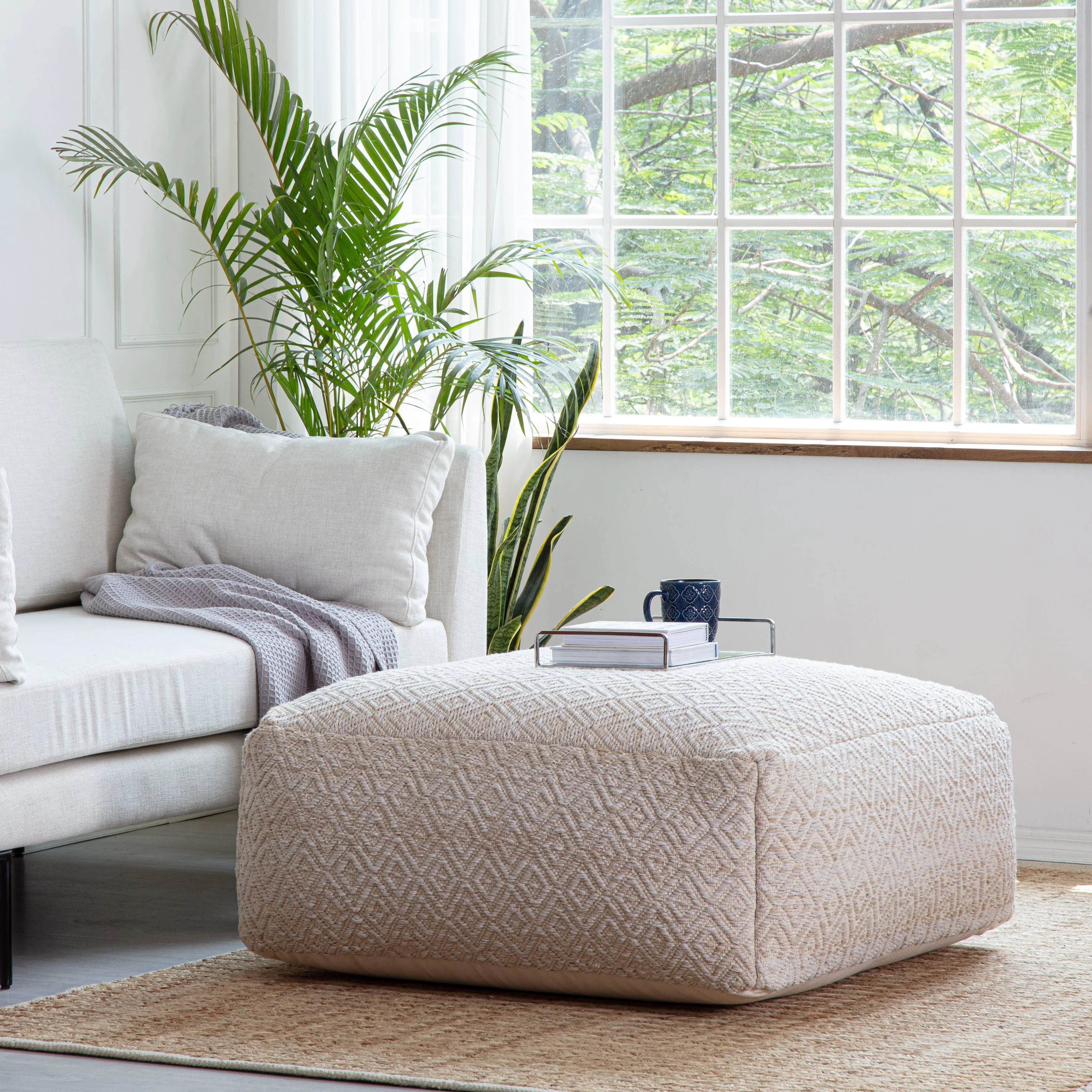 Anji Mountain Tawny Beige Cotton Polyester Square Poufs