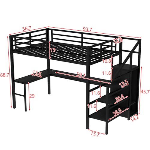 Twin XL Size Loft Bed with L-Shaped Desk and Wardrobe, Metal LoftBed with Storage Stairs and Adjustable Shelf, USB Port, LED Lights Space Saving Bed Frames for Kids Teens Adults, Black