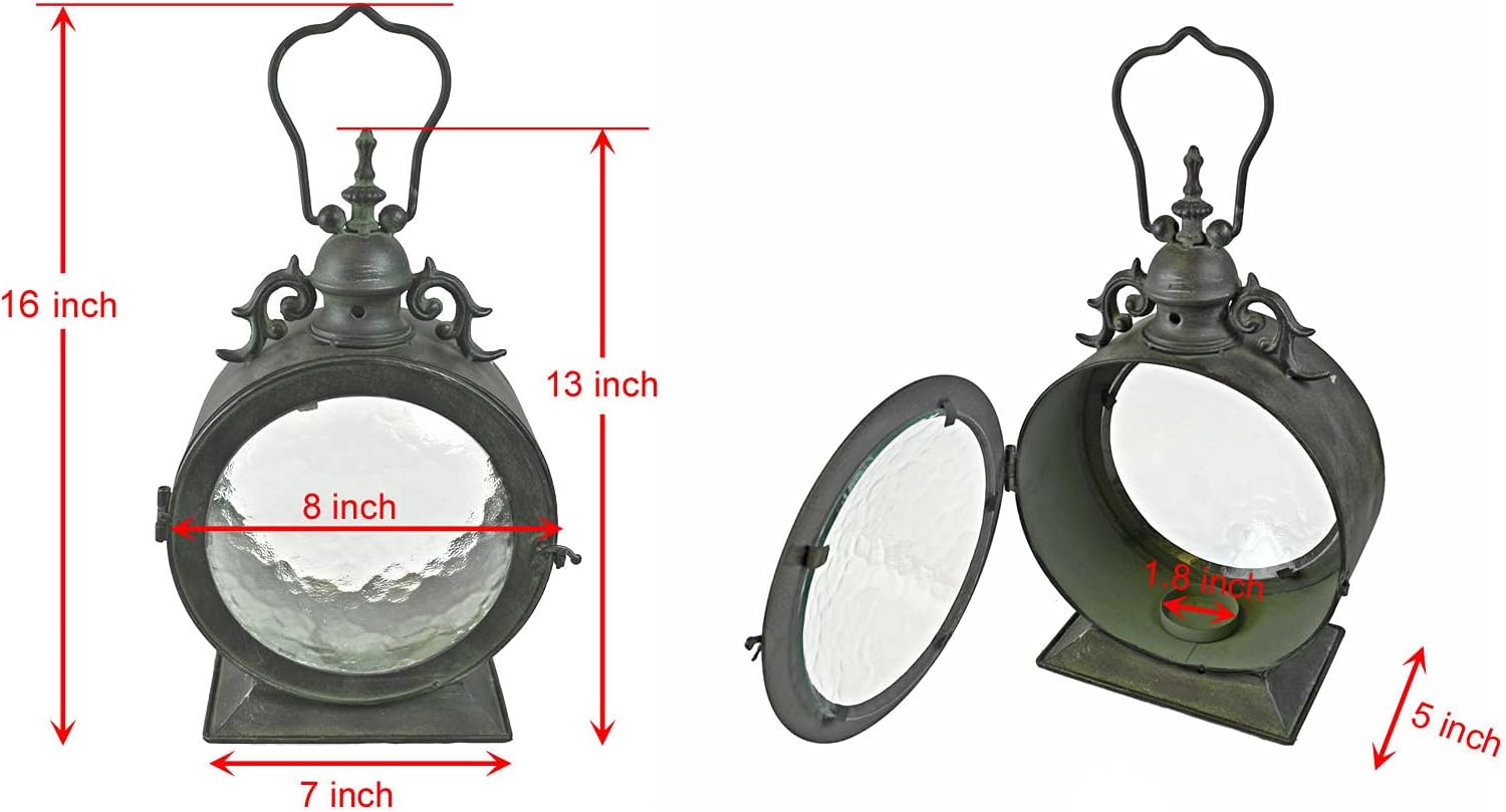 Westcharm Metal Round Hanging Candle Lantern with Curved Glass Insert, Nautical Coastal Style