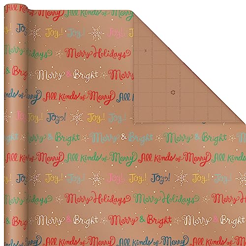 Hallmark Christmas Wrapping Paper Rolls, Brown Kraft Holiday Gift Wrap (Pack of 3: 90 sq. ft. ttl) Snowflakes, Pink Trees, 