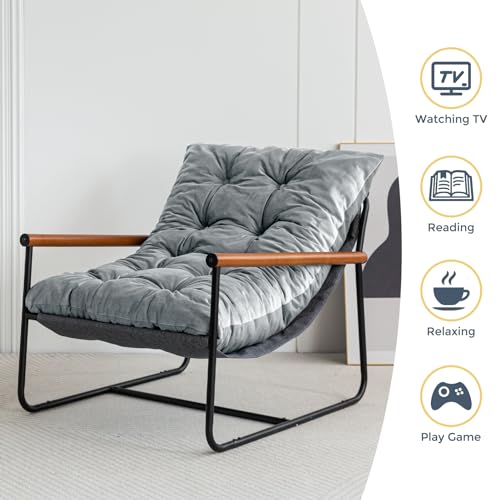 MAXYOYO Accent Chair, Velvet Arm Chair Living Room Chair with Metal Frame, Reading Accent Chair, Modern Bedroom Chair, Boucle Armchair with Wooden Arms, Beige