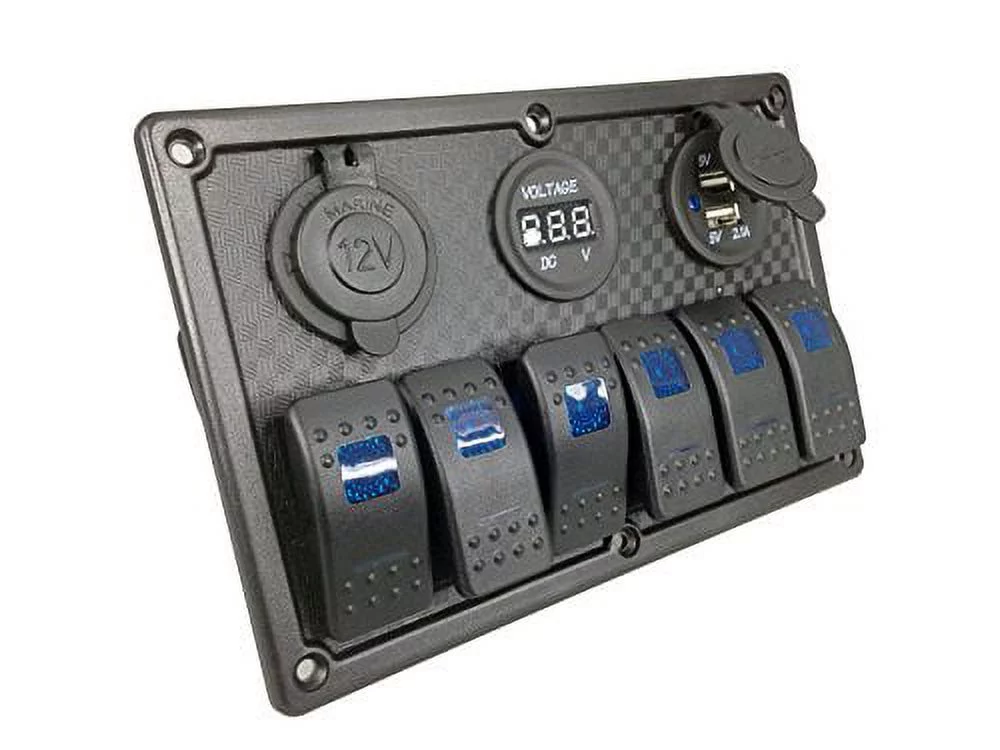 Pactrade Marine Car RV Boat 6 Gang Blue LED Rocker Switch Panel USB Voltmeter
