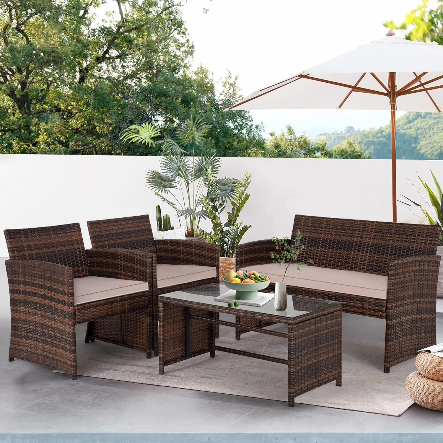 4 Pieces Outdoor Patio Furniture Sets Wicker Outdoor Garden Furniture,Brown, 3 People