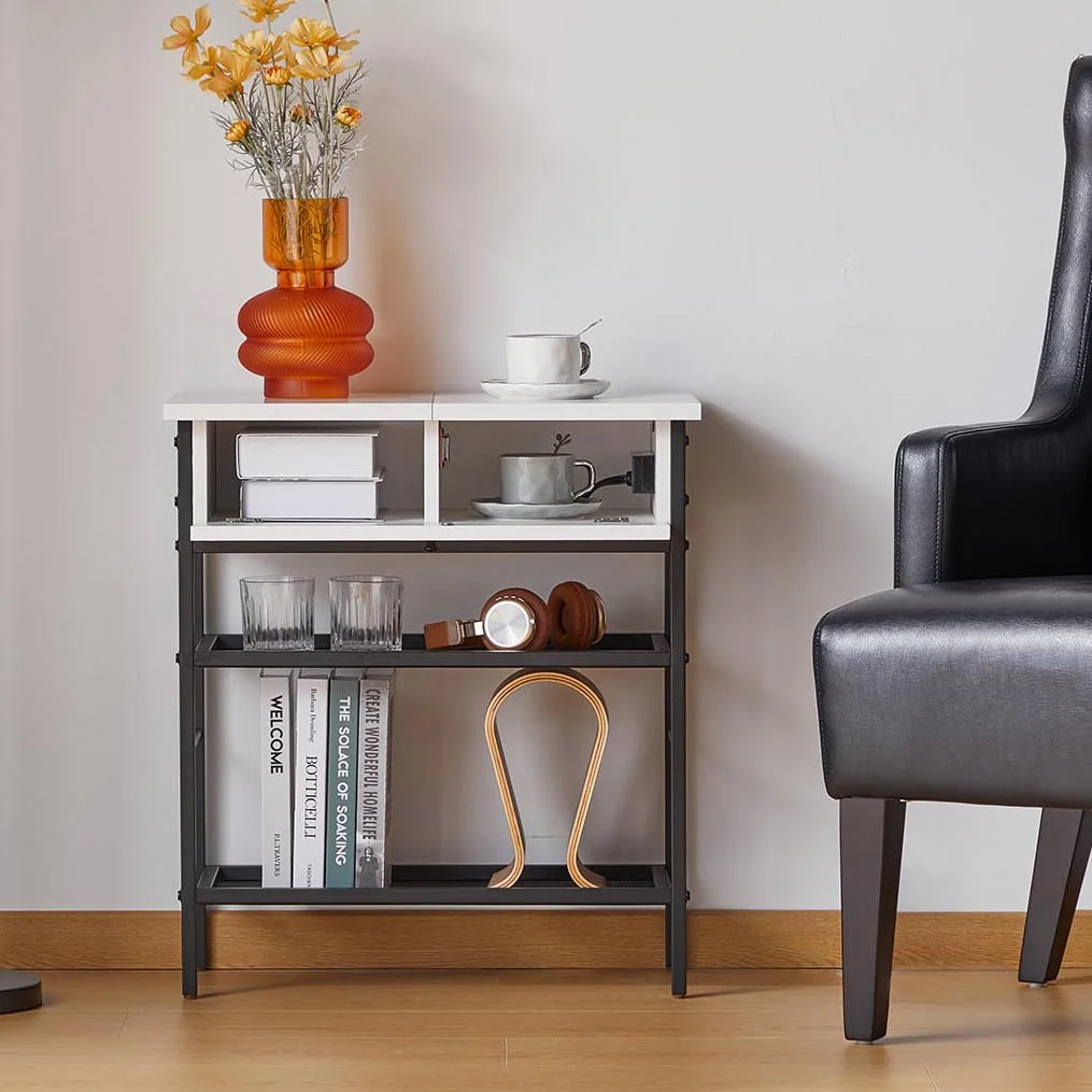 Sofa Side Cabinet, End Table with Charging Station, Flip Top Side Table with USB Ports and Outlets, Bedside Nightstand with Storage Shelves, for Living Room Bedroom and Small Spaces (White)