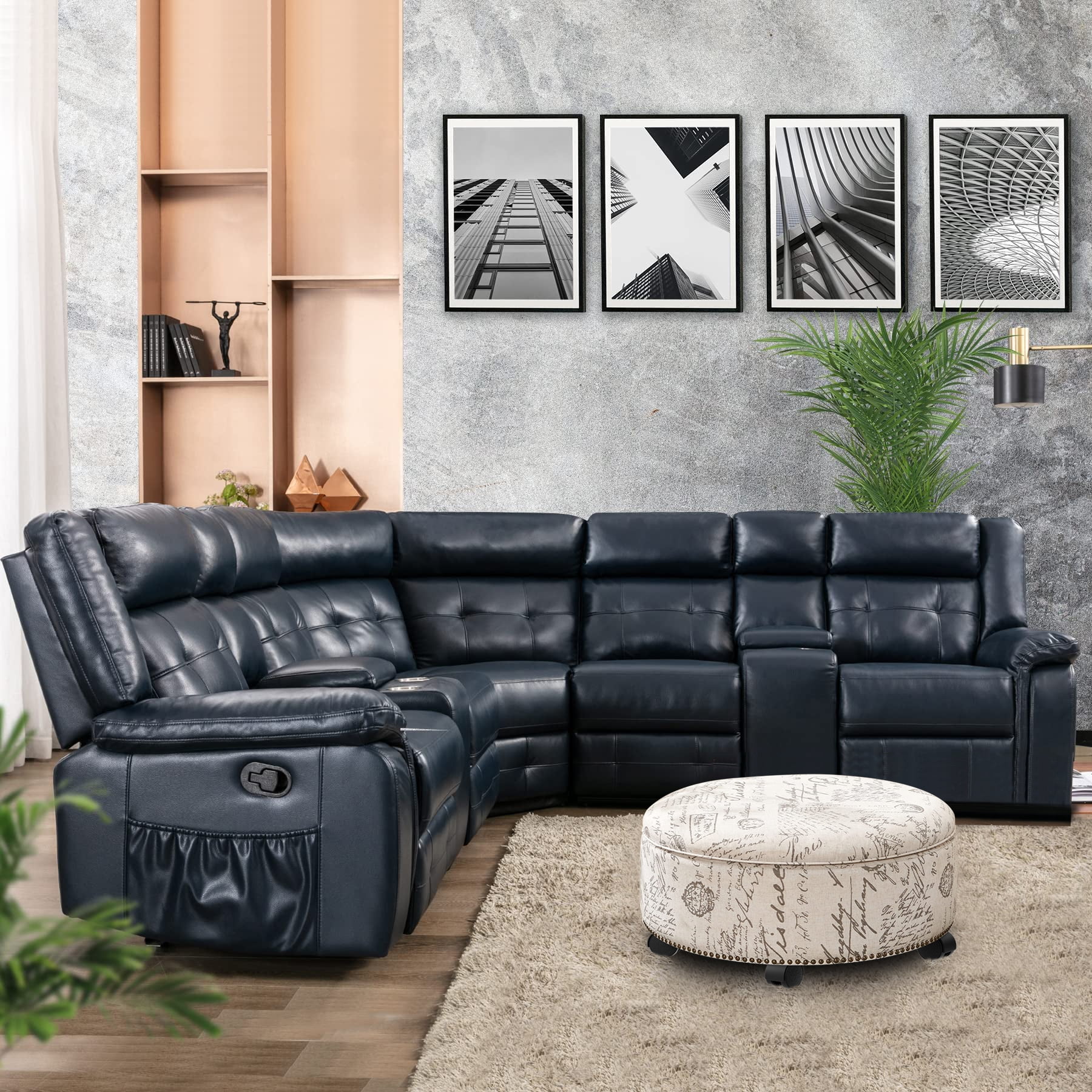 2-Piece Living Room Set, PU Leather Sectional Sofa Set with Caster Ottoman, 5 Seater Home Theater Sofa with Beige Storage Ottoman, Reclining Couch with Cup Holders, Deep Blue