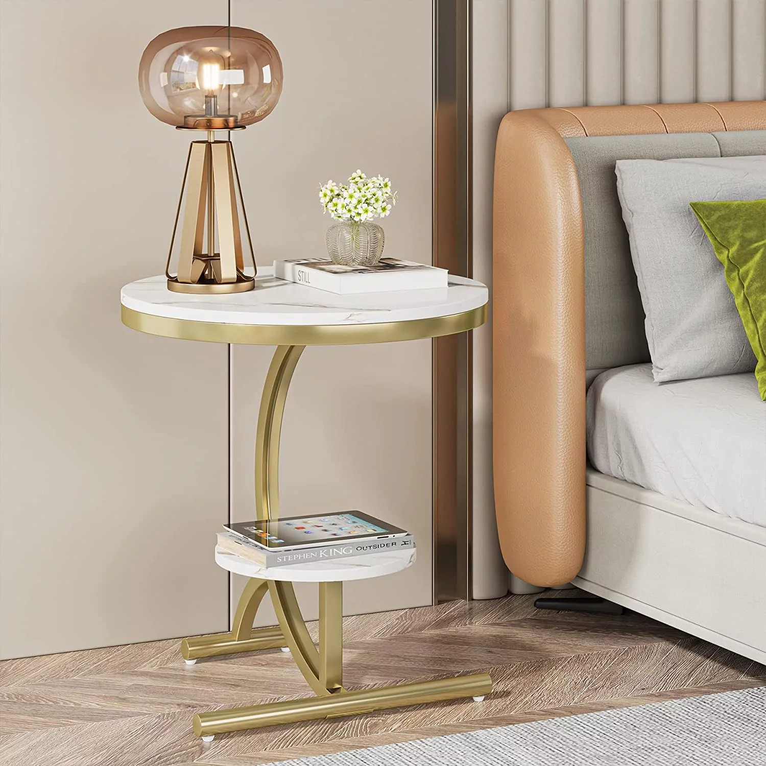 Tribesigns Faux Marble End Table, 2 Tier Round Sofa Side Table for Living Room, White & Gold