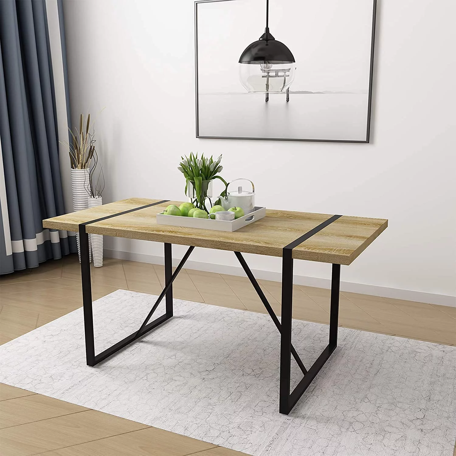 TABU 63 Inch Rectangular Kitchen Table, Industrial Style Dining Table with Wood Tabletop and Metal Frame for Home Office Dining Room