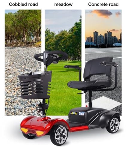 4 Wheel Mobility Scooter, Electric Power Mobile Wheelchair for Seniors Adult with Lights- Collapsible and Compact Duty Travel Scooter w/Basket Extended Battery Light(Red)