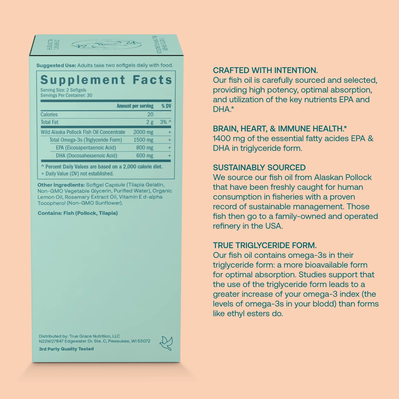 True Grace Omega-3 Fish Oil 2000 mg Supplement EPA + DHA Brain Heart Joint & Immune Health Support - Triglyceride Form Wild-Caught, Molecularly Distilled, Purified Gluten-Free, Soy-Free - 120 Softgels
