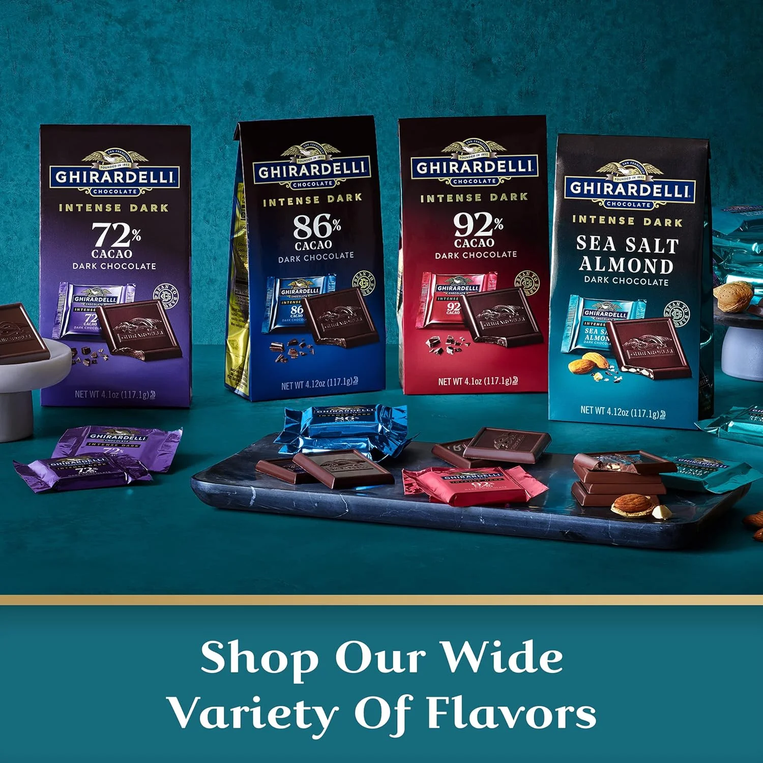 GHIRARDELLI Sea Salt Almond, Intense Dark Chocolate Bar, Valentine’S Day Chocolate Gifts, 3.5 Ounce Bar (Pack Of 4)