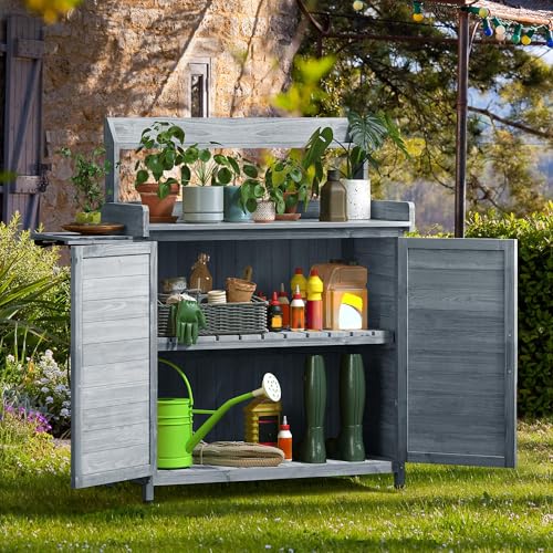 YITAHOME Solid Wood Potting Bench Table with Folding Pallet and Metal Tabletop, Outdoor Storage Cabinet Planting Table Garden Work Bench for Garden, Backyard, Grey