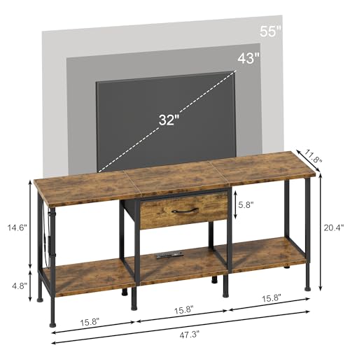 LED TV Stand with Power Outlet and Fabric Drawer for 55 50 45 Inches TV - Entertainment Center and Industrial TV Console Table for Living Room, Bedroom- 47