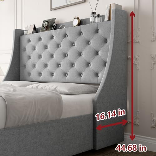 Queen Bed Frame with 4 Storage Drawers, Platform Bed with Type-C & USB Port and Charging Station, Upholstered Wingback Headboard and Storage Shelf, No Box Spring Needed, Easy Assembly