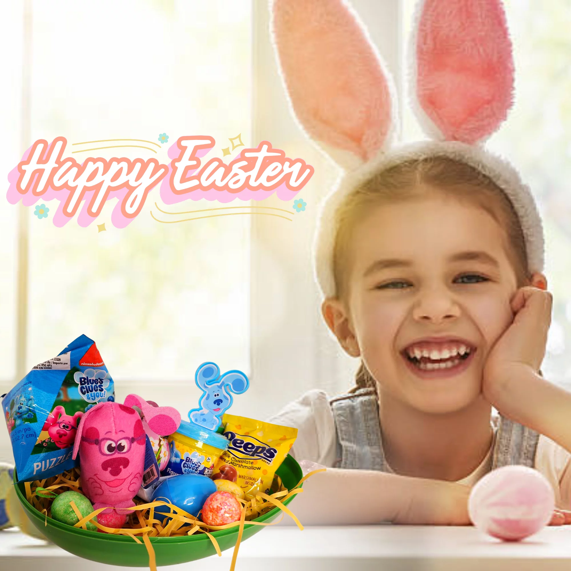 Happy Easter Basket Pre-Filled Surprise Jumbo Egg with Blue's Clues Magenta Plush Toy Kiddy Dough Figure Eggs Candies Gift & Reusable Plastic Egg-Shaped Container Spring Party (Contents May Vary)