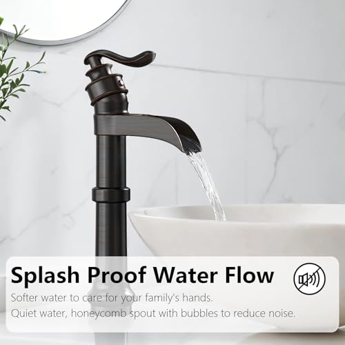 Vessel Sink Faucet, Oil Rubbed Bronze Black Bathroom Faucet, Farmhouse Waterfall Sink Faucet Single Hole with Pop Up Drain Assembly Without Overflow One Hole Mixer Tap Deck Mount