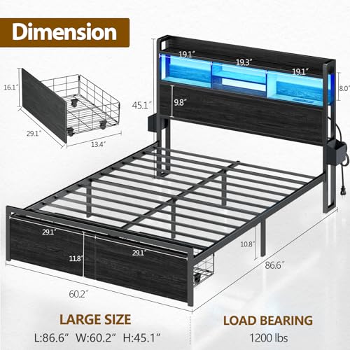 Furnulem Full Size Bed Frame with Wood Headboard, Metal Platform Bed Frame Full Size with Storage Drawers and Shelf, LED Lights and Charging Station, No Box Spring Needed, Noise Free, Black