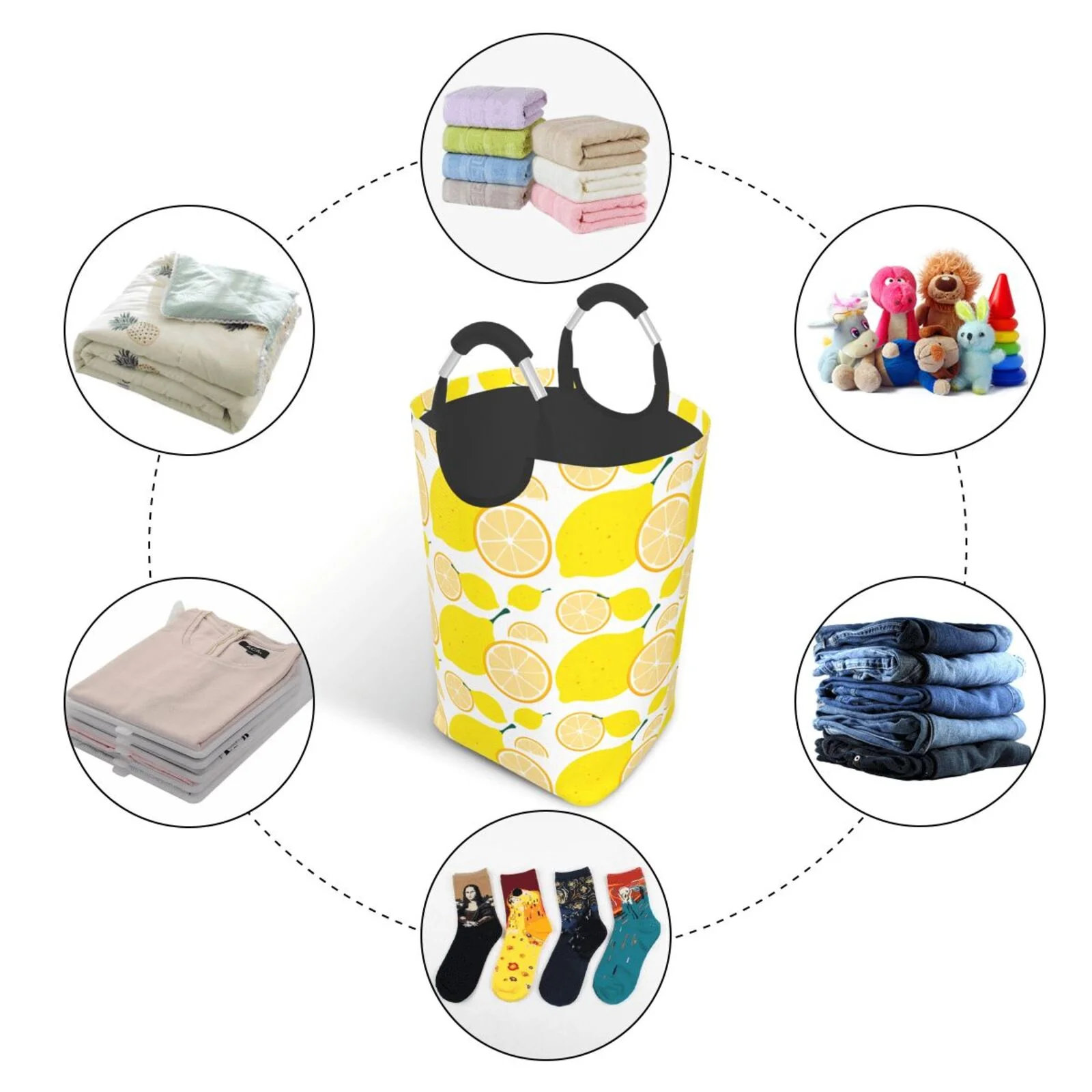 LNWH Fruit Lemon Print Art Pattern Laundry Basket, 50L Large Capacity Foldable Laundry Hamper