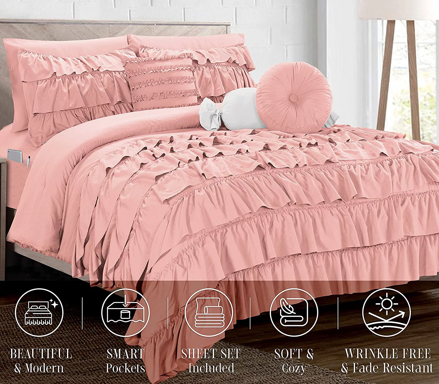 Mocassi 10-Piece Bed-in-a-Bag, Includes Bed Sheet with Double Sided Storage Pockets & Decorative Pillows, Multi-Ruffle Comforter, Full/Queen, Dusty Rose
