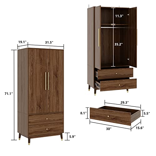 Homsee Wardrobe Armoire with 2 Doors, 2 Drawers, Hanging Rod & 2 Compartments, Wooden Closet Storage Cabinet with Gold Handles for Bedroom, Brown (31.5”L x 19.1”W x 71.1”H)