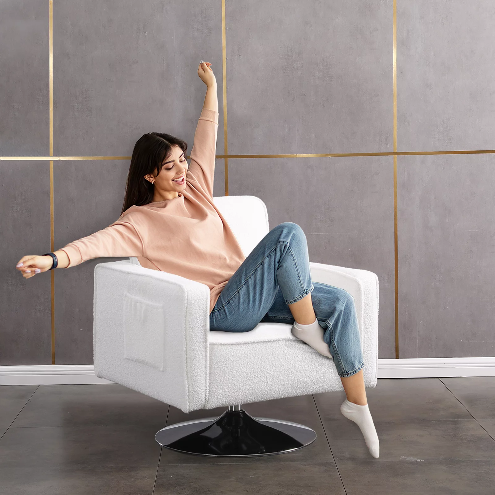 KINFFICT Teddy Fabric Swivel Accent Chair, Barrel Chair Comfy Modern Sofa Chair Sherpa Chair for Living Room, Beige