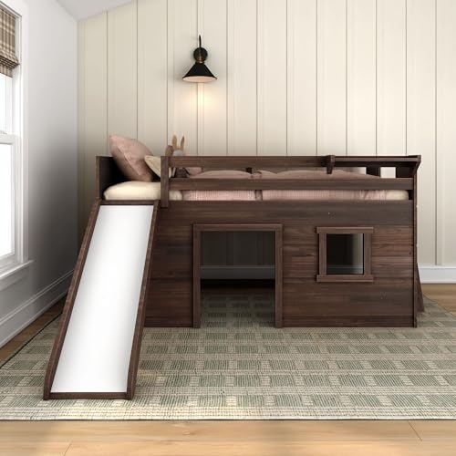 Max & Lily Loft Bed Twin Size, Solid Wood Low Loft Bed with Storage Drawer and Ladder, Modern Farmhouse Loft Bed for Kids, White Wash