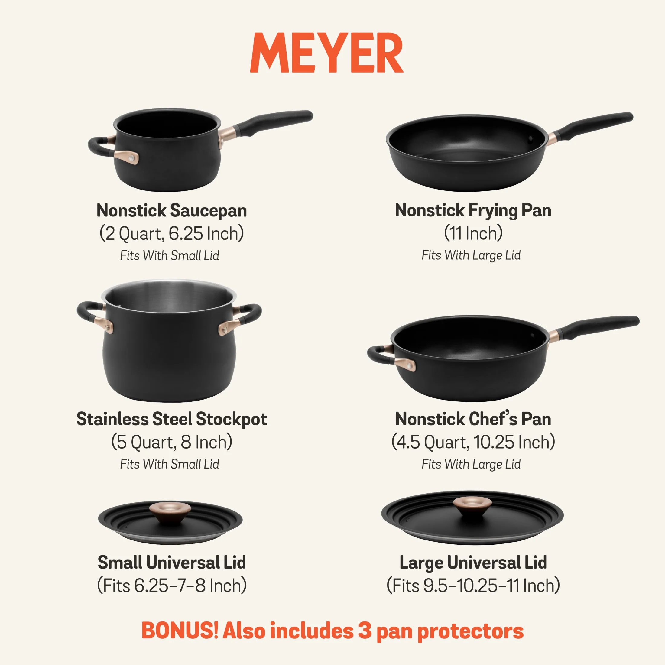 Meyer Accent 6 Piece Hard Anodized and Stainless Steel Pots and Pans Set, Matte Black