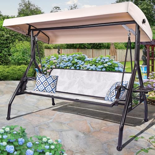 3 Person Patio Swing Outdoor Swing for Adults with Adjustable Canopy &Upgraded Cup Holders Textilene Fabric Porch Swing Chair with Stand Heavy Duty 800 LBS