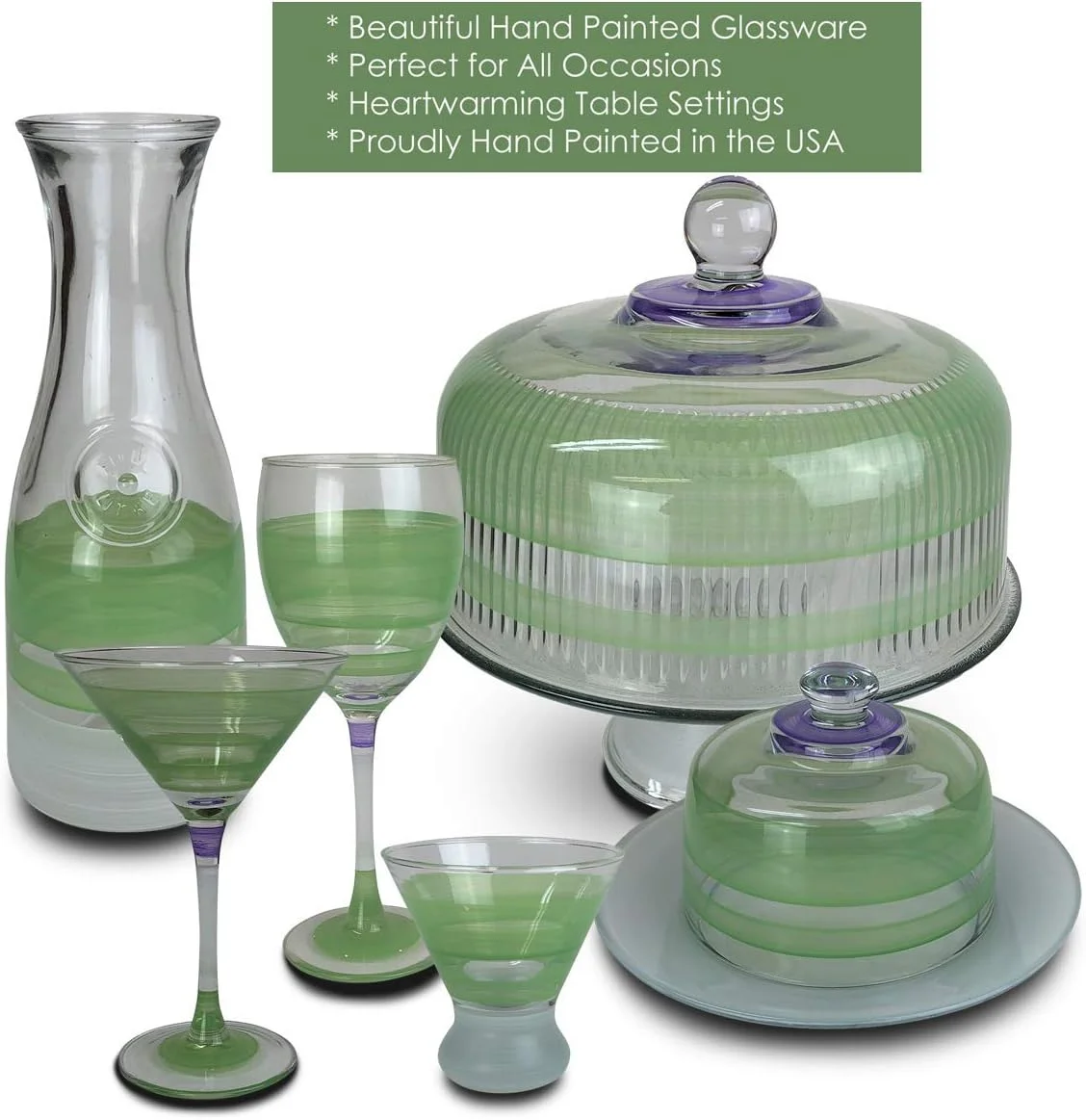 Hand Painted Wine Glasses Set Of 2 - Cape Cod Cottage Green Collection - Hand Painted Glassware By Artists - Unique And Decorative Wine Glasses, Kitchen Table Décor