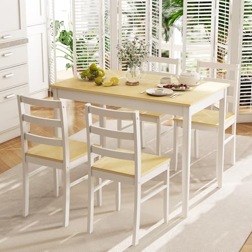 Tangkula Dining Table Set for 4, Solid Wood, Farmhouse Dinette Set w/Rubber Wood Legs, Mid-Century Modern Dining Table and Chairs Set for Kitchen, Dining Room (Brown+White)
