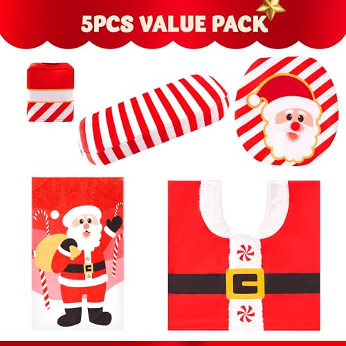 JOYIN 5 Pieces Christmas Santa Bathroom Decoration Set with Toilet Seat Cover, Tank Cover, Toilet Paper Cover , Xmas Bathroom Indoor Decor for Holiday Use Party Favors