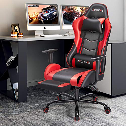 ECOTOUGE PC Massage Gaming Chair with Footrest Ergonomic Office Desk Chair Racing PU Leather Recliner Swivel Rocker with Headrest and Lumbar Pillow, Blue