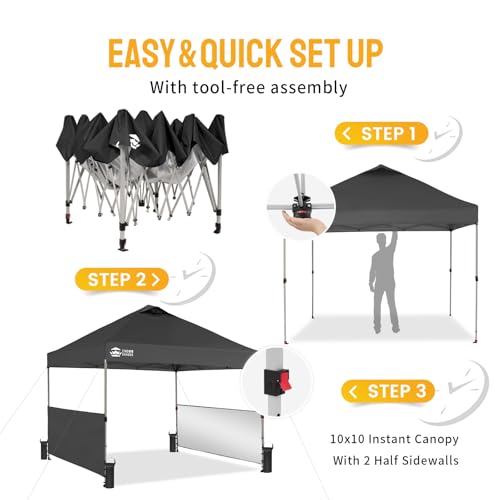 CROWN SHADES 10x10 Pop up Canopy Tent Instant Canopy with 150D Silver Coated Fabric Including 2 Half Sidewalls, 4 Ropes, 8 Stakes, 4 Weight Bags, STO 'N Go Bag, Grid Grey