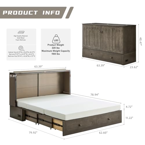 Murphy Bed with Mattress Included, Queen Murphy Bed Cabinet with Drawers and Charging Station for Small Apartments, Home Offices(Circular Pattern, White)