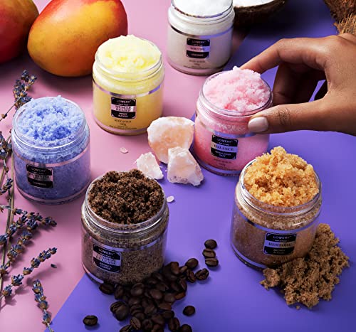 Body Scrub, Christmas Gifts for Women & Men, 6pc Exfoliating Body, Face, Hand Foot Scrub, Himalayan Salt, Brown Sugar, Coconut, Arabica Coffee, Acne Stretch Marks & Cellulite Remover, Essential Oils